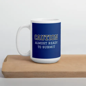 Caution Mug blue w-white text copy