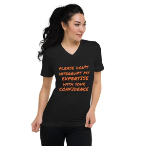 Unisex Short Sleeve V-Neck T-Shirt (Expertise, orange text)
