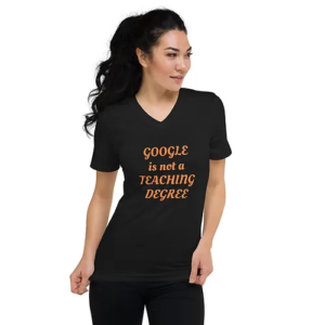 Unisex Short Sleeve V-Neck T-Shirt (Teaching Degree, orange text)