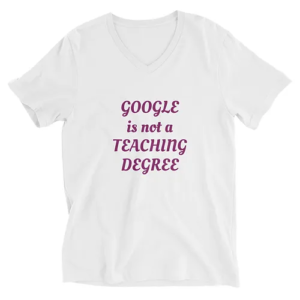 Unisex Short Sleeve V-Neck T-Shirt (Teaching Degree, purple text)