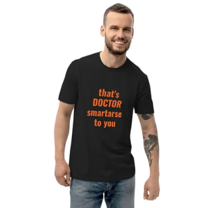 Unisex recycled t-shirt (Dr Smartarse, orange text)