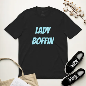 Unisex recycled t-shirt (Lady Boffin, light blue text)