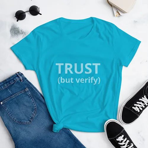 Women's short sleeve t-shirt (Trust But Verify, aqua text) - Image 2